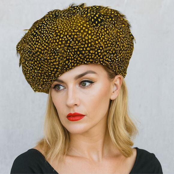 Vintage Jack McConnell Mustard Yellow Feathered Church Derby Designer HAt - Picture 1 of 8